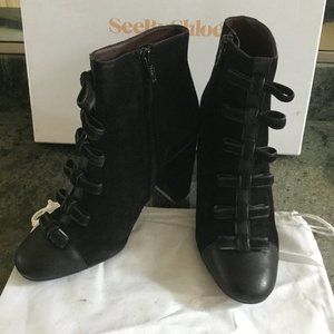 See by Chloe Dress Boots Ankle Boots Booties Gisel Black Suede Bow US 7/37.5 NIB